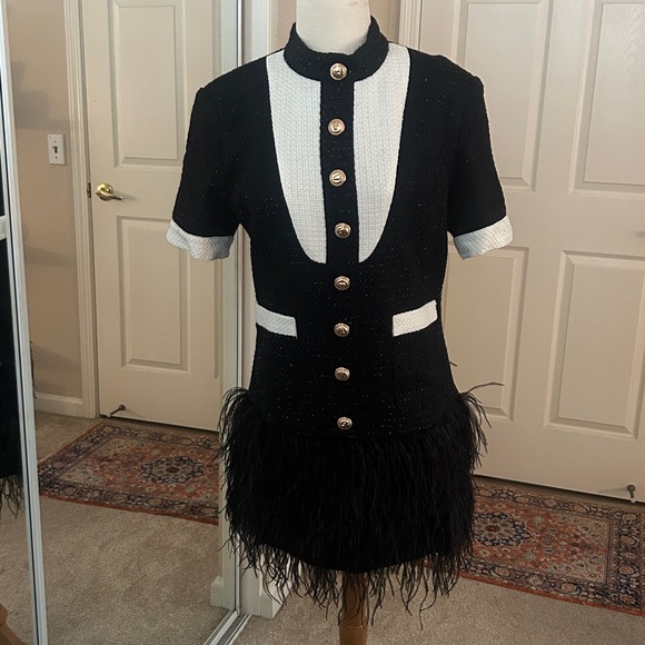 Black and White Feather Trim Dress - Picture 1 of 5